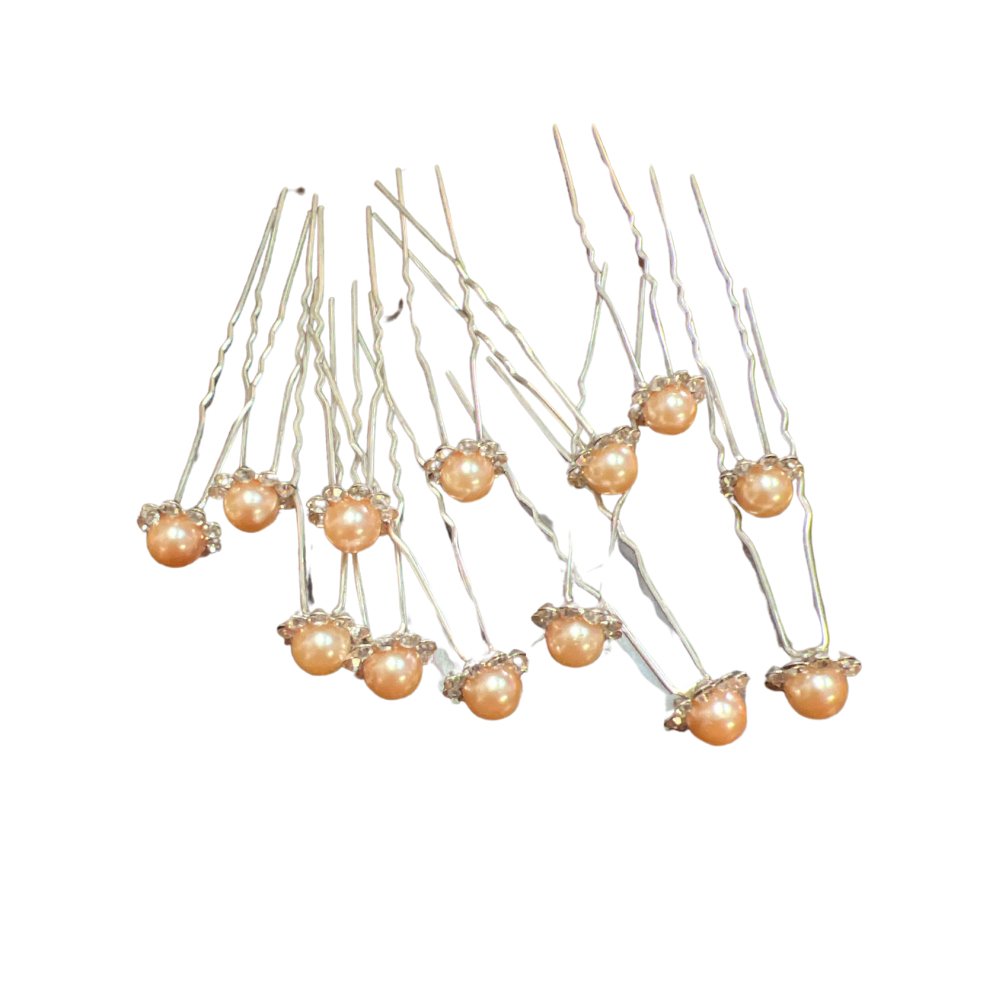 Horquillas para el cabello de perlas con diamantes color melon x20 piezas de 7cm (NU-03)